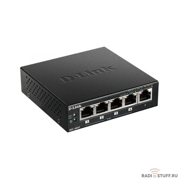 D-Link DGS-1005P/B1A Неуправляемый коммутатор с 5 портами 10/100/1000Base-T, функцией энергосбережения и поддержкой QoS (4 порта с поддержкой PoE 802.3af/802.3at (30 Вт), PoE-бюджет 60 Вт)