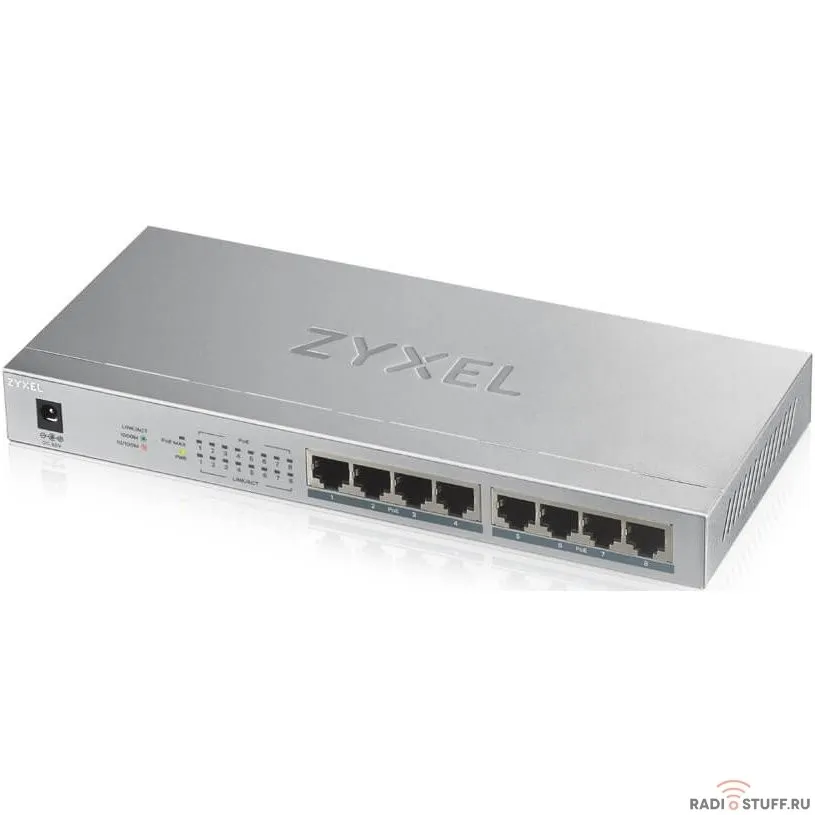 ZYXEL GS1008HP-EU0101F PoE+ коммутатор GS1008HP, 8xGE PoE+, настольный, металлический, бесшумный, бюджет PoE 60 Вт