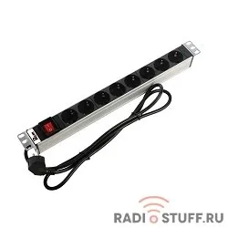 Блок розеток 19", Rem-16, с выключателем, 8 розеток Schuko, 16A, алюм., шнур 1,8м, Rem